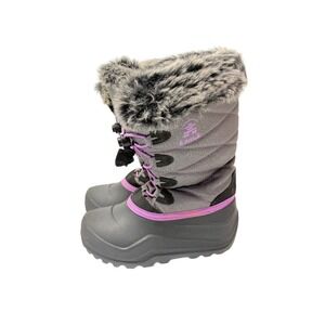 Kamik Winter Boots Kids Size 2 Gray Purple Faux Fur Trim Waterproof Quilted